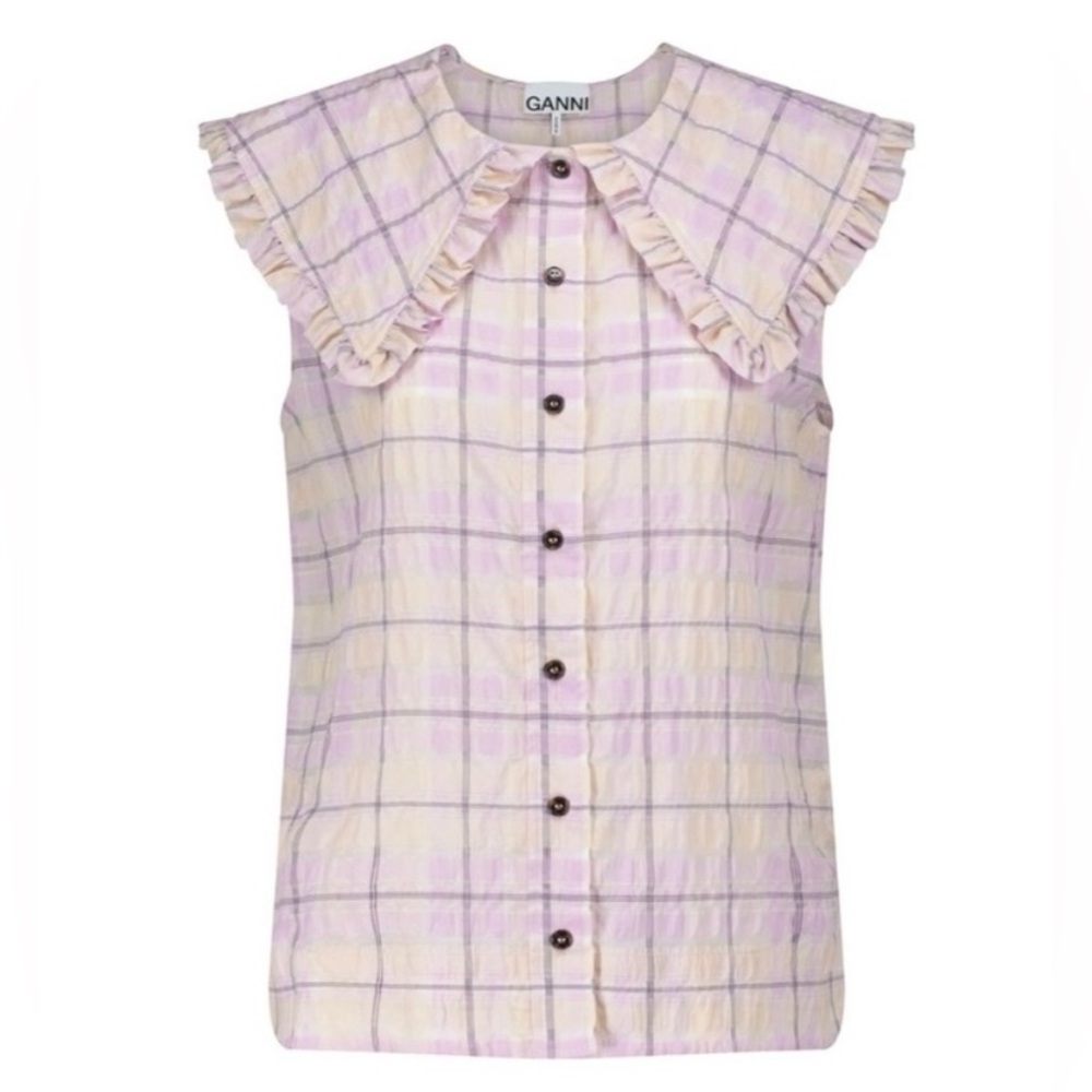 Ganni Purple Gingham Sleeveless Bib Collar Blouse